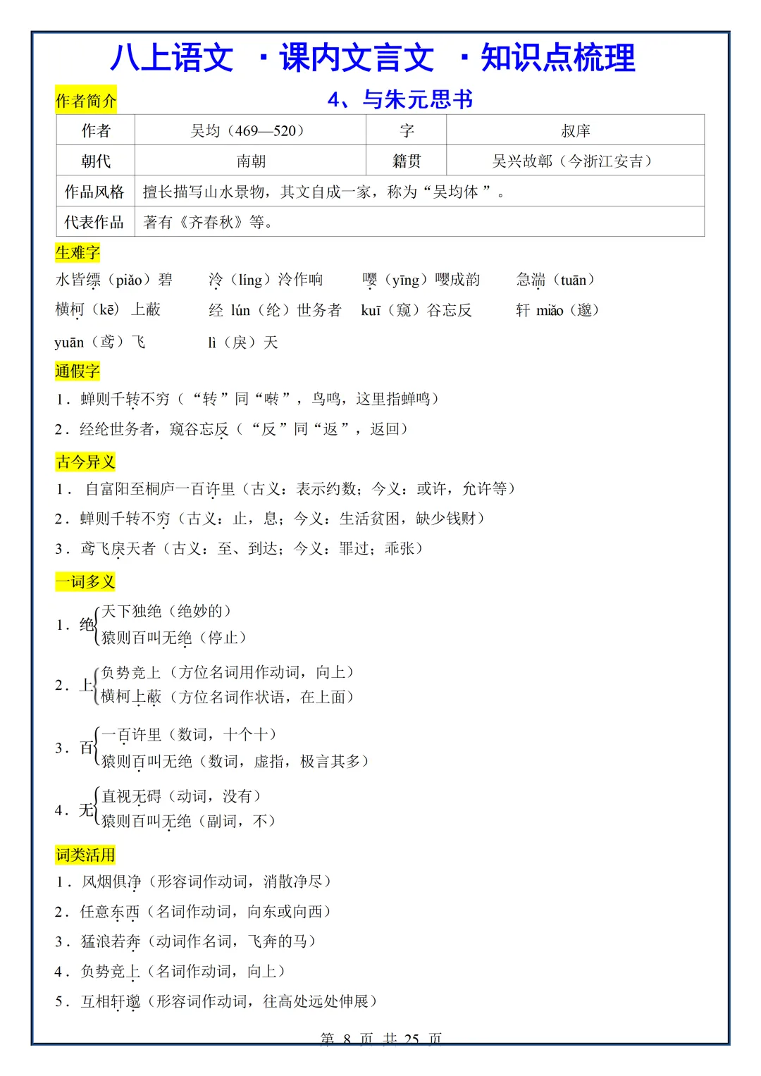 初二2026新【八上语文】课内文言文核心考点知识点梳理(完整版可打印)-第10张图片-四季读书网 初二2026新【八上语文】课内文言文核心考点知识点梳理(完整版可打印)-第10张图片-四季读书网