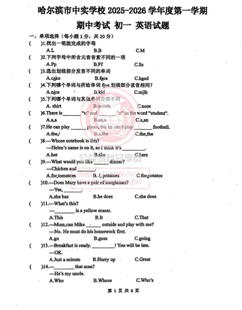 【初一/六上】2025年中实中学六上期中考试英语试卷及答案-第3张图片-四季读书网 【初一/六上】2025年中实中学六上期中考试英语试卷及答案-第3张图片-四季读书网