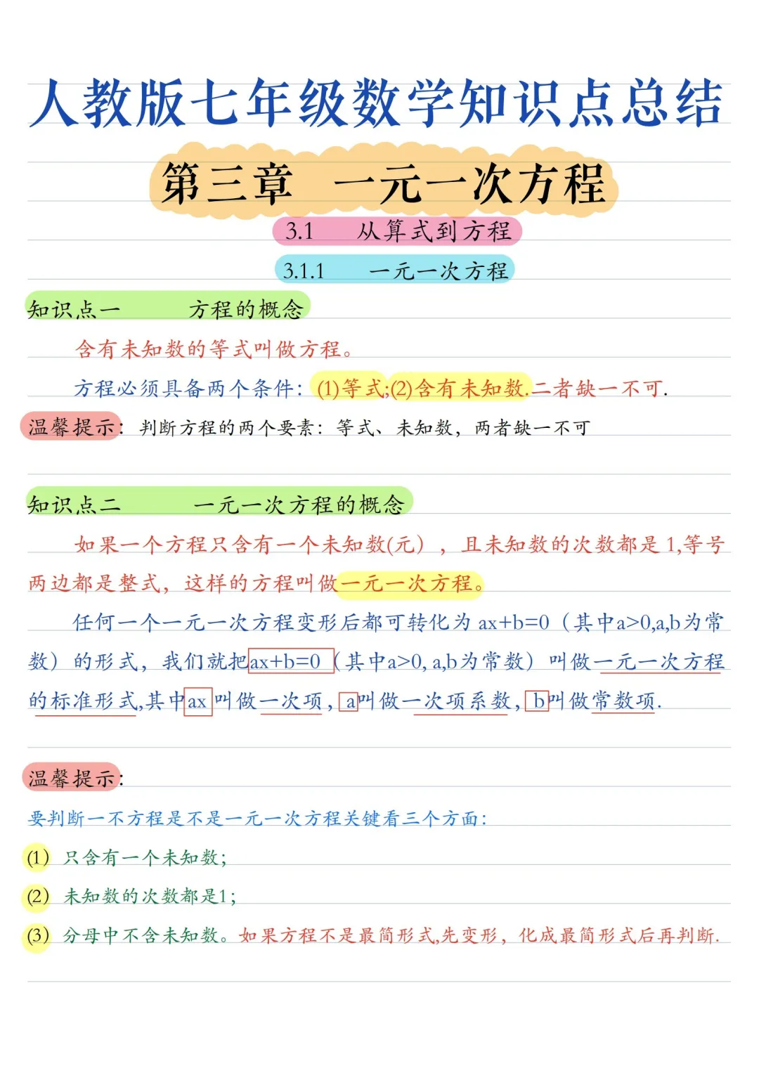 初一数学 | 人教版七年级上册核心知识点总结(彩色电子版)-第17张图片-四季读书网