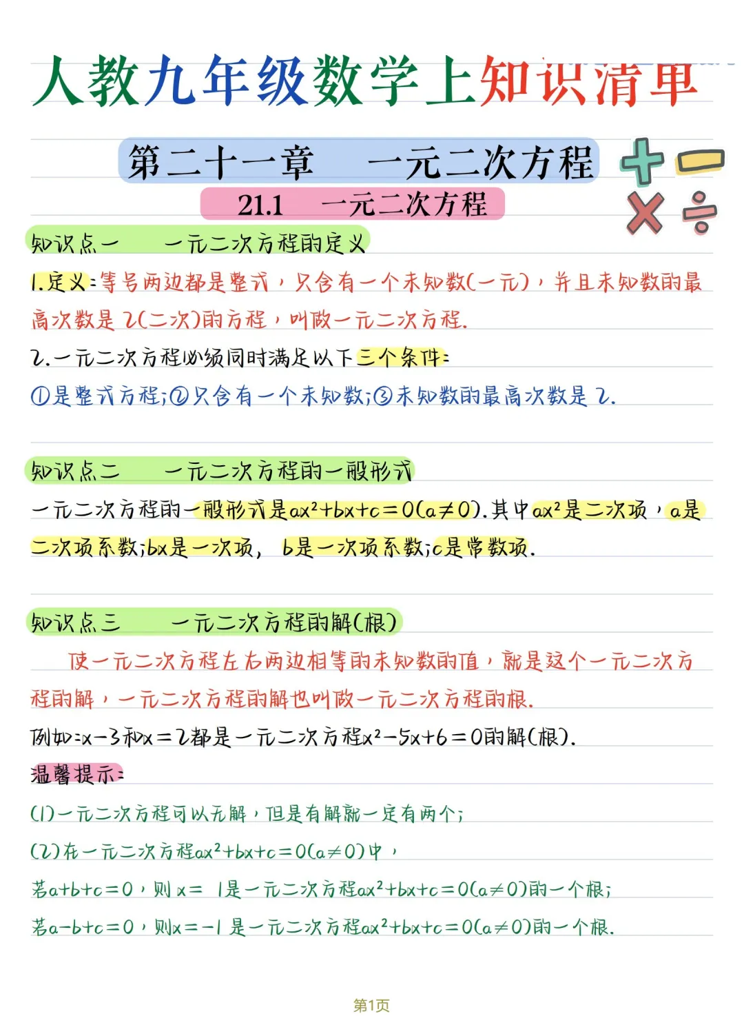 初三数学 | 人教版九年级上册核心知识点总结(彩色电子版)-第1张图片-四季读书网 初三数学 | 人教版九年级上册核心知识点总结(彩色电子版)-第1张图片-四季读书网