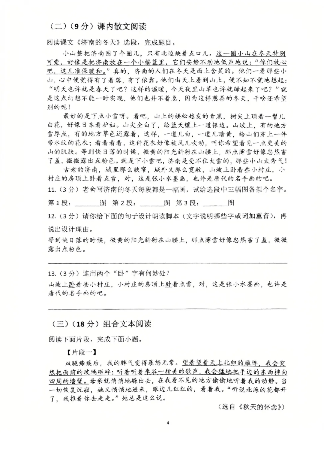 【初一语文】2026年南京一中明发校区初一上语文10月月考真题卷(含答案解析)-第11张图片-四季读书网