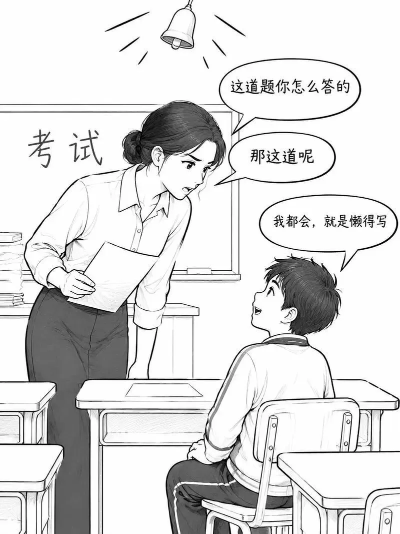 考试铃响,小明把空白试卷交上去了.老师“这道题你怎么答的”小明“我都会,就是懒得写”老师“那这道呢”小明“这道更简单,没必要写”-第1张图片-四季读书网