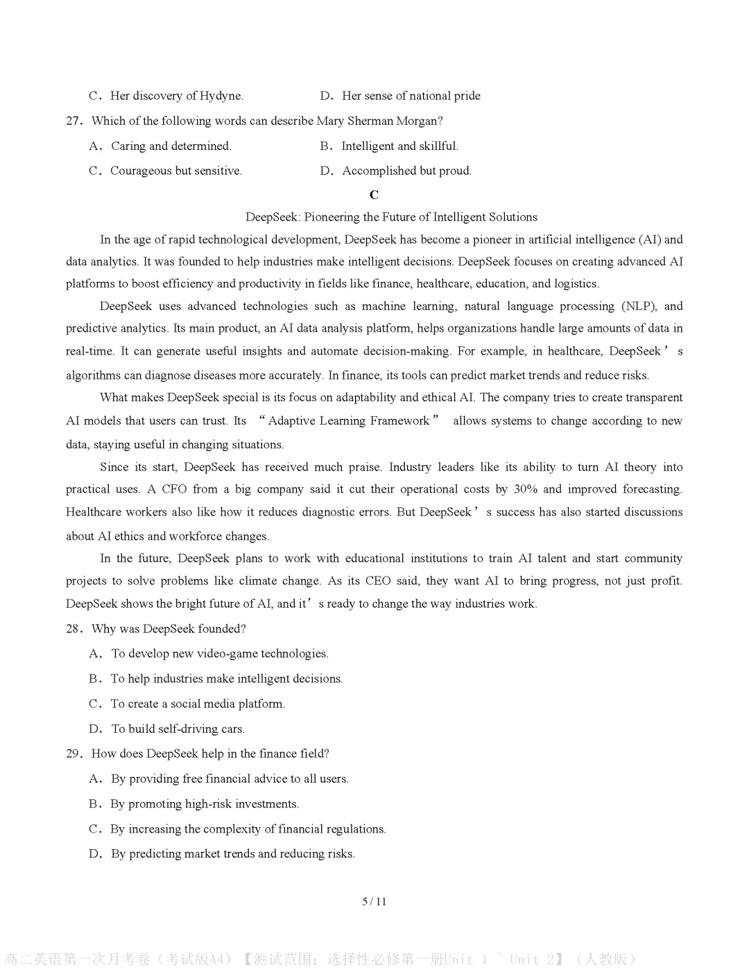 【试卷】2026-2027学年高二上学期首次月考英语试卷真题(含答案解析)-第5张图片-四季读书网 【试卷】2026-2027学年高二上学期首次月考英语试卷真题(含答案解析)-第5张图片-四季读书网