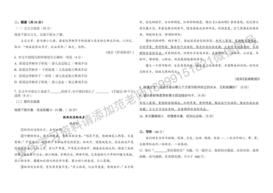 乌鲁木齐市兵团一中小升初选拔测评语文试卷-第2张图片-四季读书网