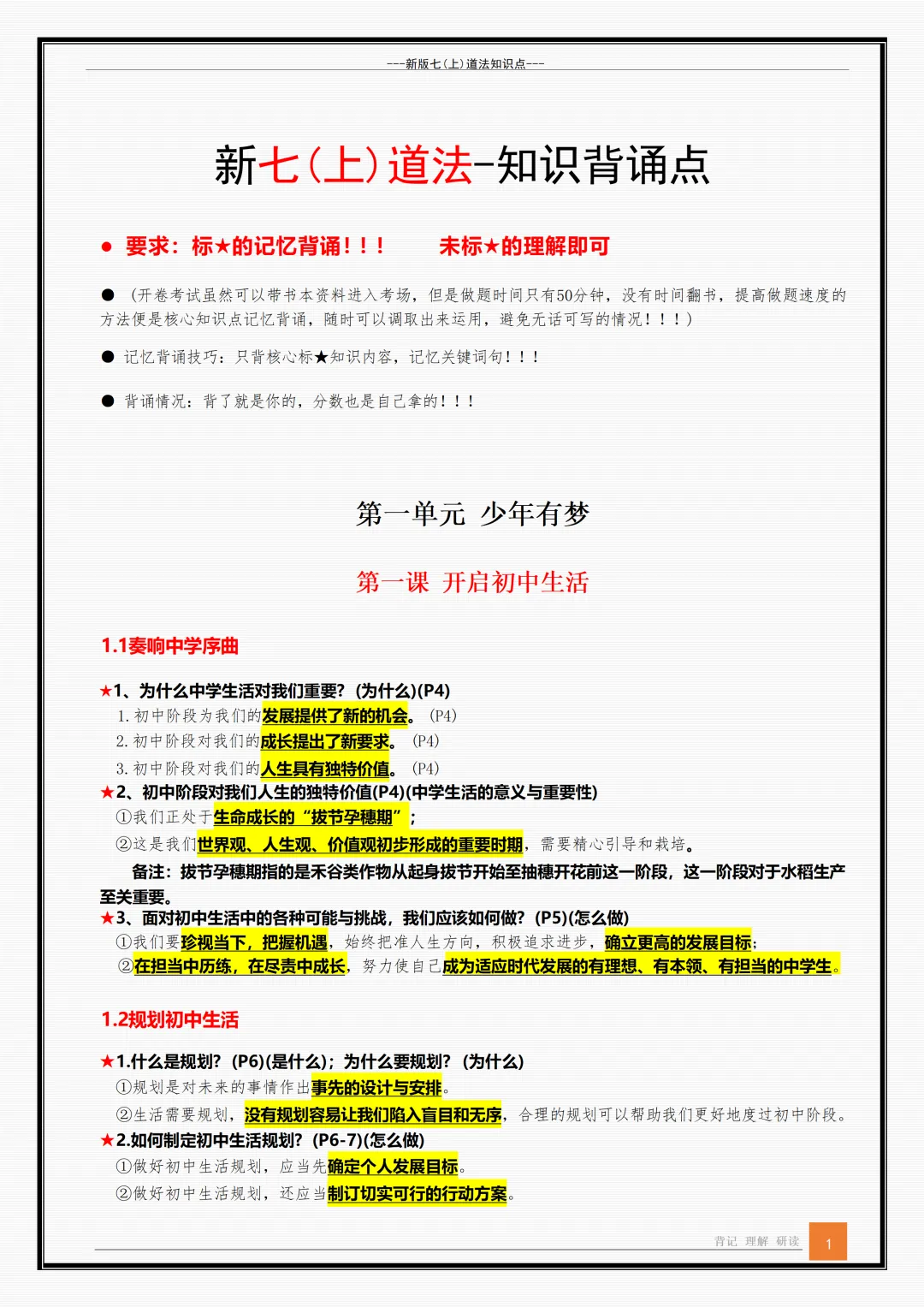 【初一】新版七年级上册道德与法治全册重点知识点背诵清单,完整版可打印(2026)-第1张图片-四季读书网