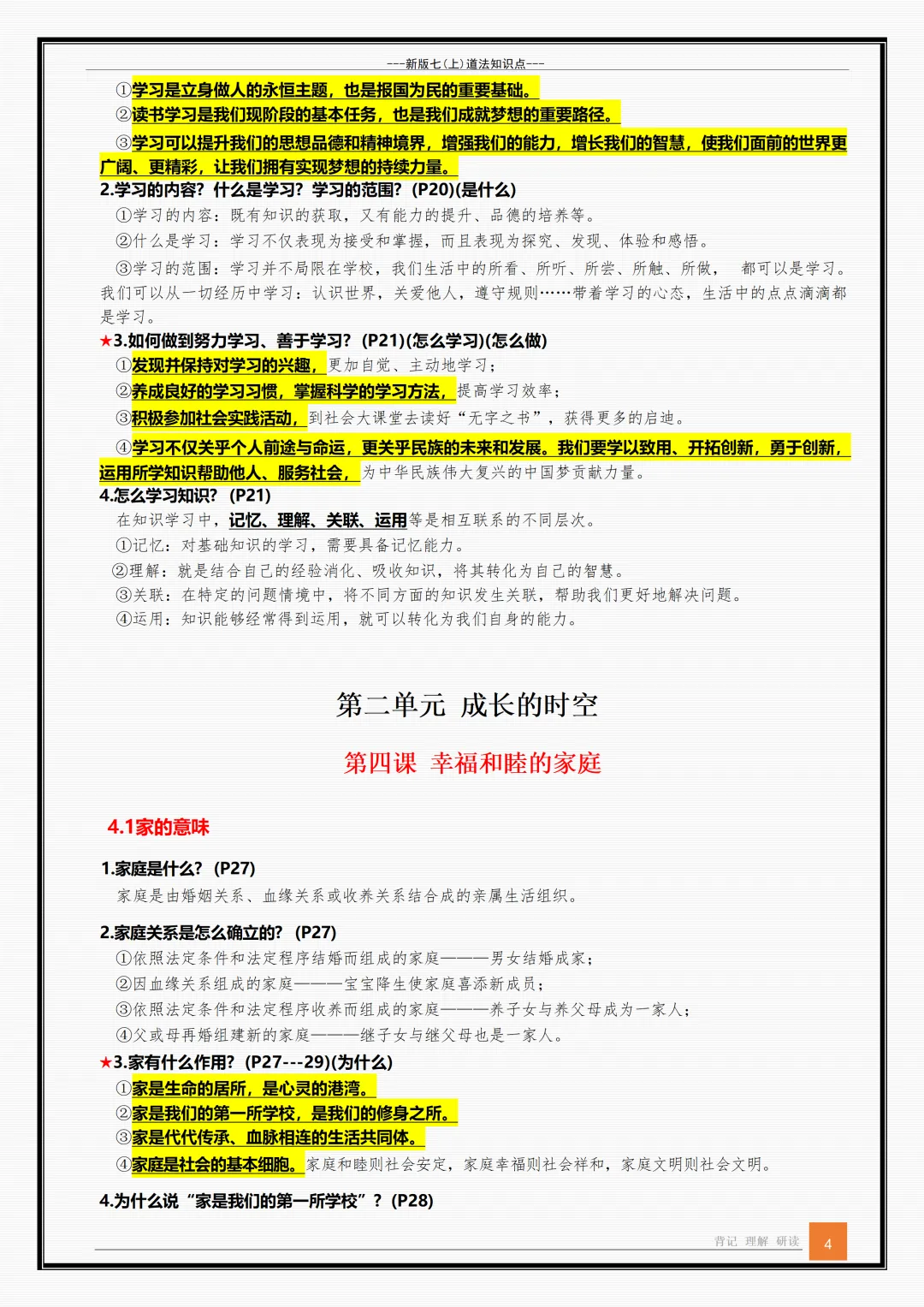 【初一】新版七年级上册道德与法治全册重点知识点背诵清单,完整版可打印(2026)-第4张图片-四季读书网