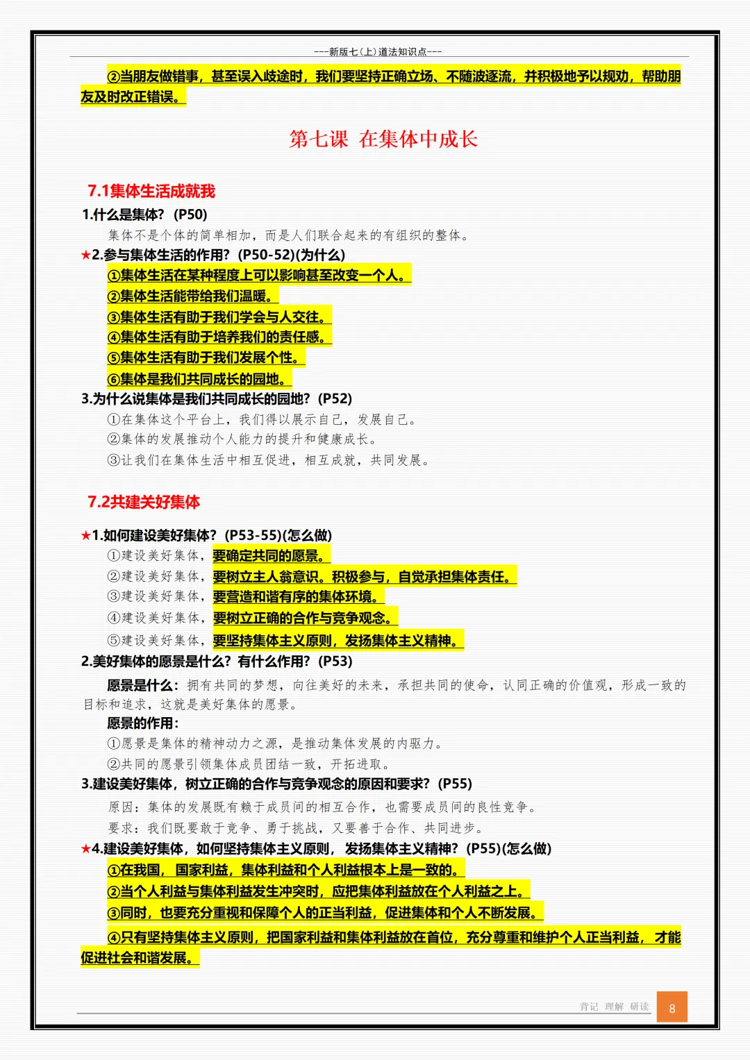 【初一】新版七年级上册道德与法治全册重点知识点背诵清单,完整版可打印(2026)-第8张图片-四季读书网