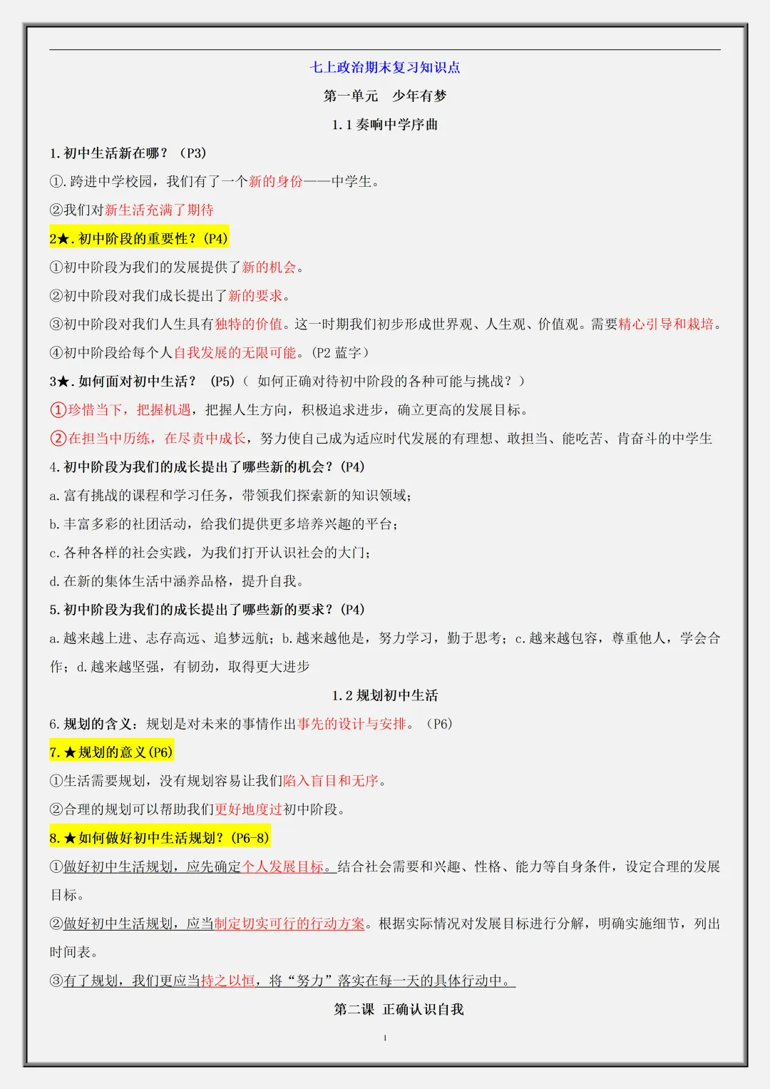 【初一】2026新版七年级上册道法全册必背考点65个核心简答,完整版可打印-第3张图片-四季读书网