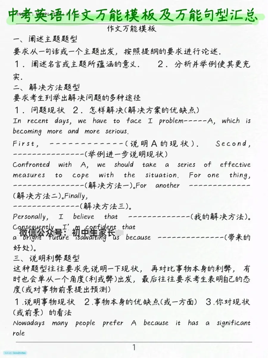 初中英语 | 中考英语作文万能模板+万能句型,务必让孩子全部背熟!-第2张图片-四季读书网 初中英语 | 中考英语作文万能模板+万能句型,务必让孩子全部背熟!-第2张图片-四季读书网