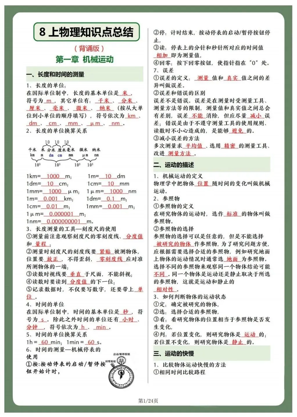 初二人教版八年级上册物理 重点知识点总结 共24页!背诵版+默写版!-第3张图片-四季读书网
