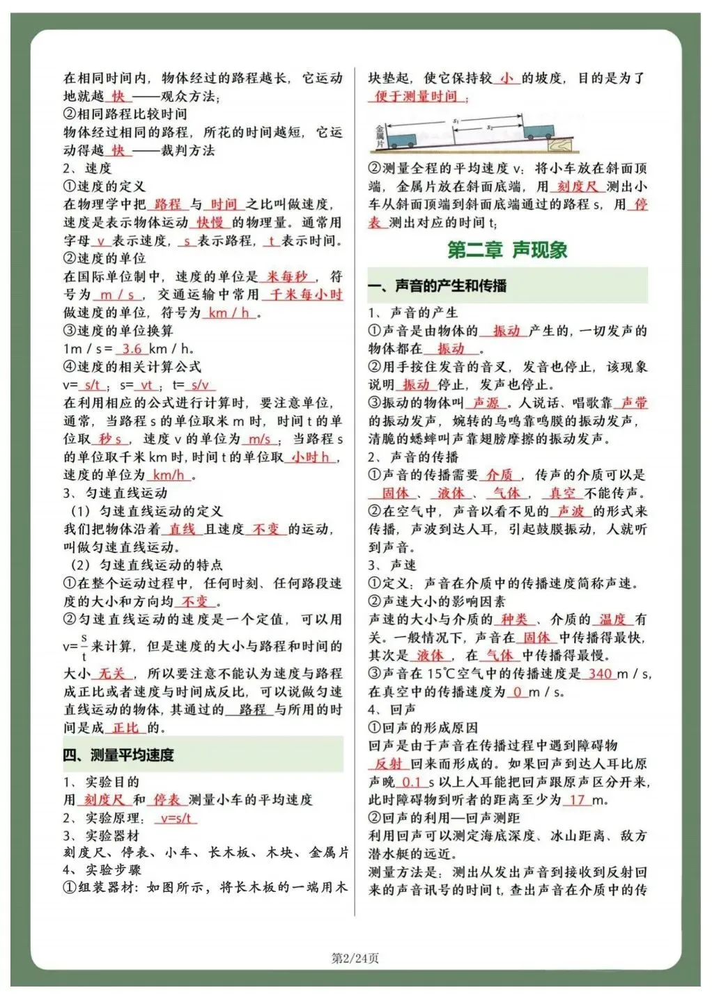 初二人教版八年级上册物理 重点知识点总结 共24页!背诵版+默写版!-第4张图片-四季读书网