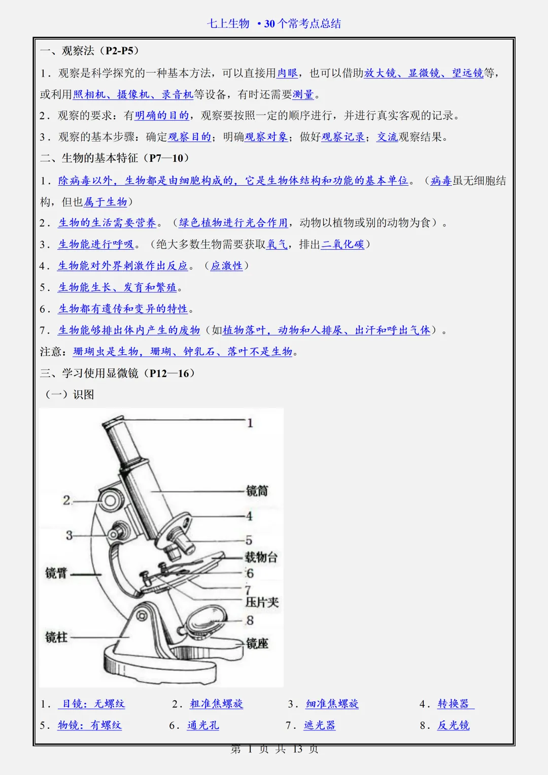 【初一】2026新版七年级上册生物期中复习核心常考点知识点总结,完整版可打印-第3张图片-四季读书网 【初一】2026新版七年级上册生物期中复习核心常考点知识点总结,完整版可打印-第3张图片-四季读书网