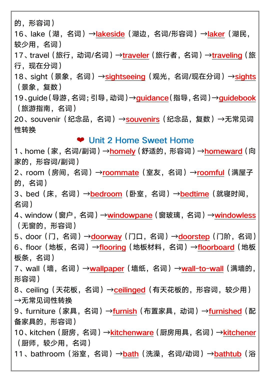 【初二】2026新教材八年级上册英语Unit 1-8重点单词词性转换(高清版可打印)-第6张图片-四季读书网