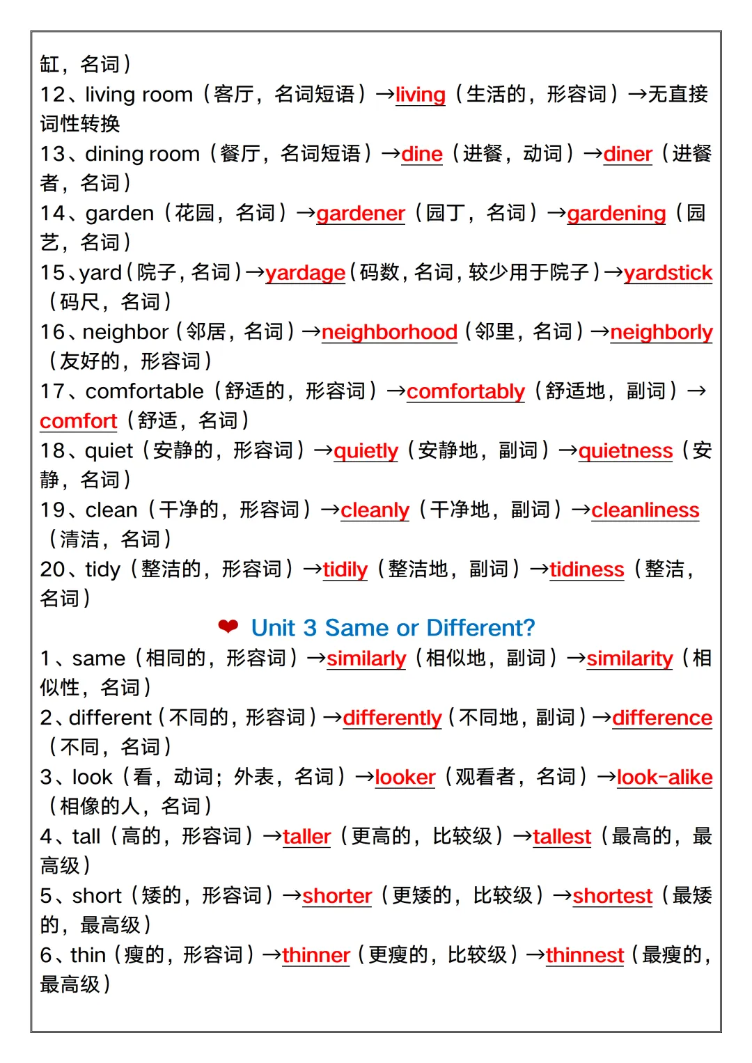 【初二】2026新教材八年级上册英语Unit 1-8重点单词词性转换(高清版可打印)-第7张图片-四季读书网