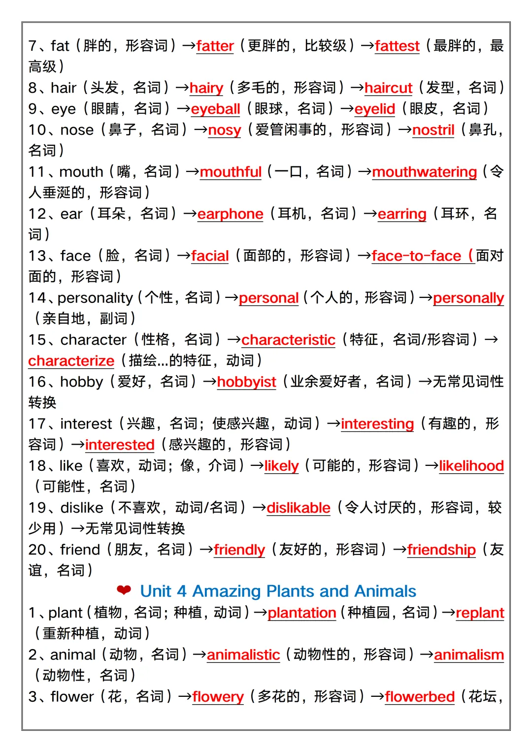 【初二】2026新教材八年级上册英语Unit 1-8重点单词词性转换(高清版可打印)-第8张图片-四季读书网