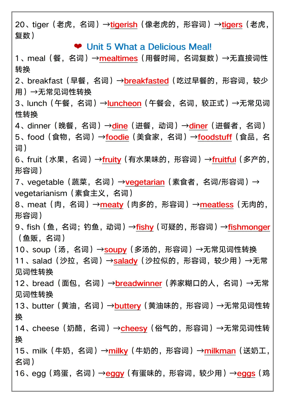 【初二】2026新教材八年级上册英语Unit 1-8重点单词词性转换(高清版可打印)-第10张图片-四季读书网