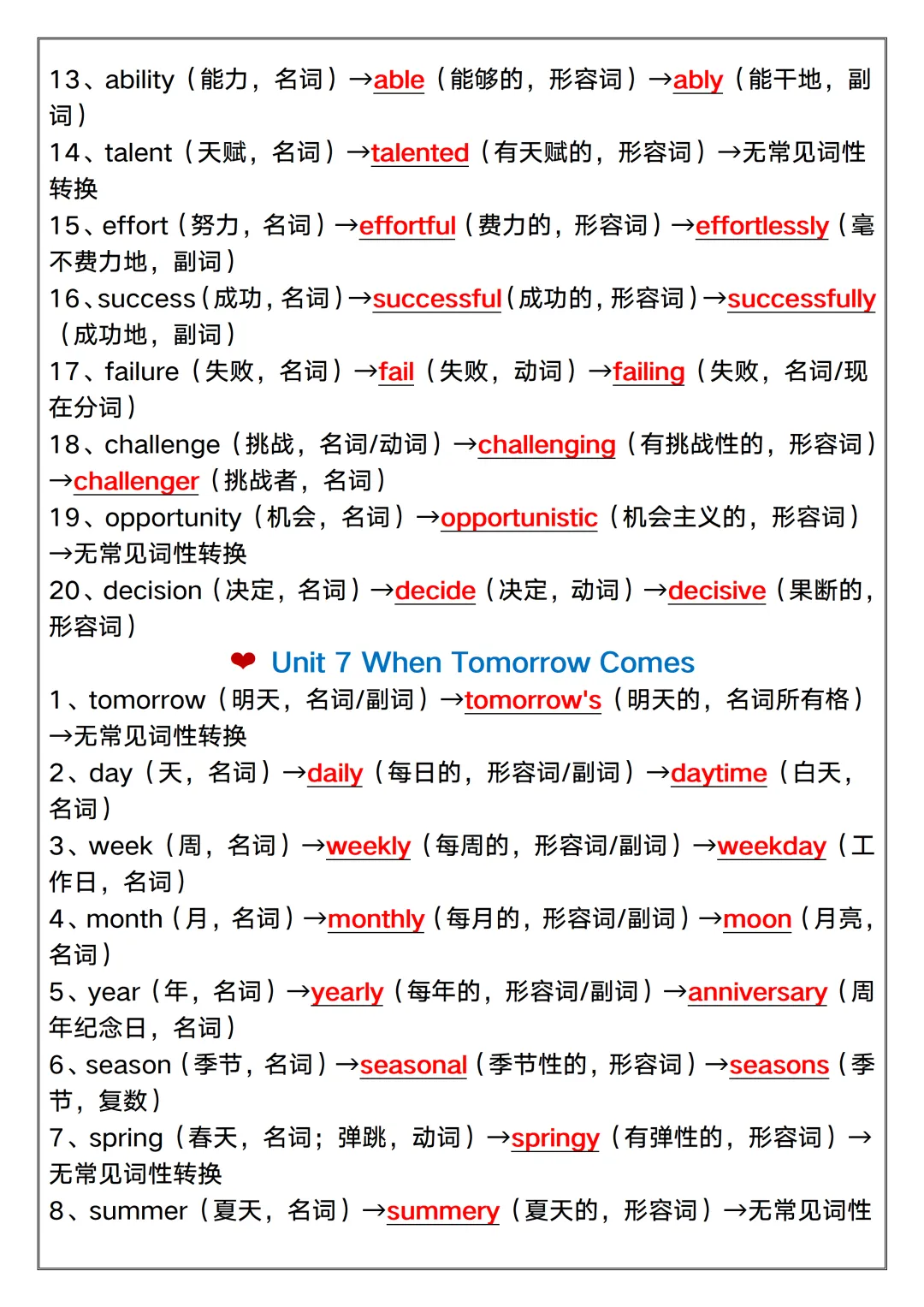 【初二】2026新教材八年级上册英语Unit 1-8重点单词词性转换(高清版可打印)-第12张图片-四季读书网