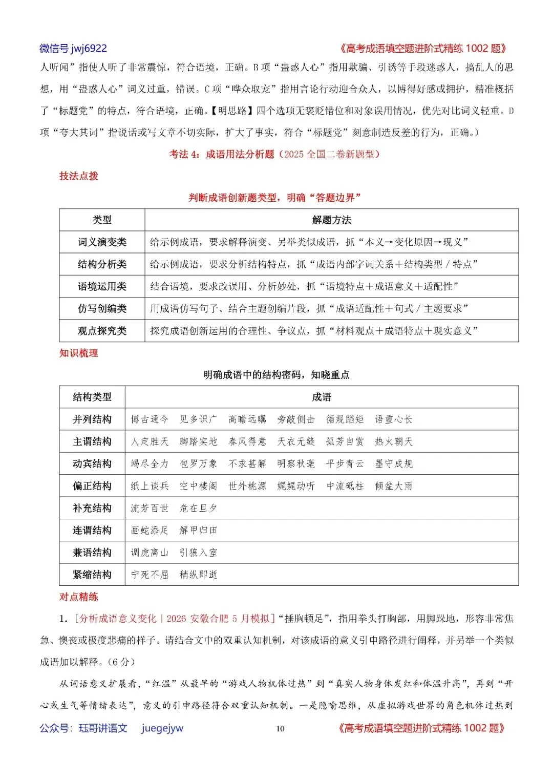 高考成语填空进阶式训练(34)︱全面熟记成语,深入分析语境——成语辨析与运用全息复习学案(2027年版)(第2589期)-第10张图片-四季读书网