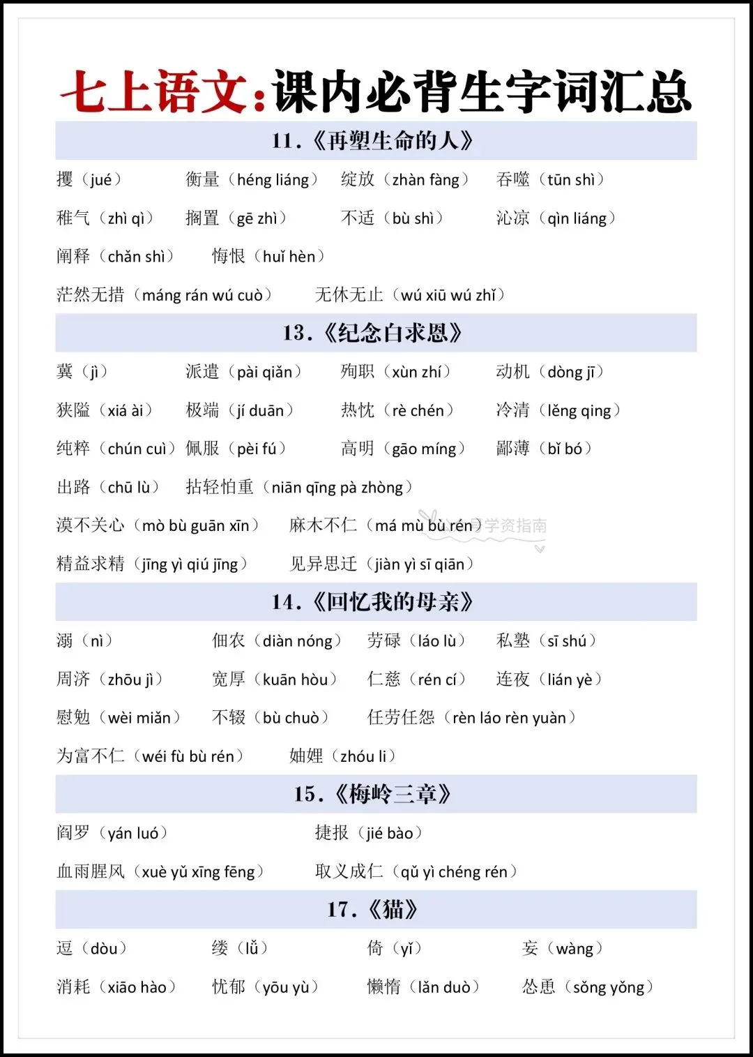 初一语文|2026 年七年级上册语文课内必生字词汇总+填空训练-第5张图片-四季读书网 初一语文|2026 年七年级上册语文课内必生字词汇总+填空训练-第5张图片-四季读书网