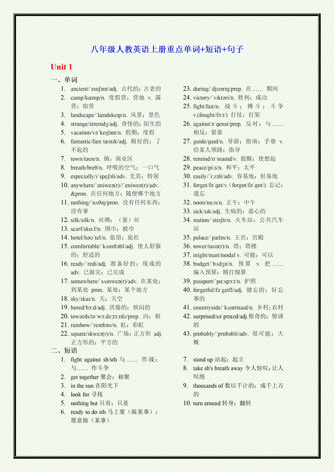 初二2026新【八上英语】必背考点知识点重点单词+短语+句子梳理汇总(完整版可打印)-第3张图片-四季读书网 初二2026新【八上英语】必背考点知识点重点单词+短语+句子梳理汇总(完整版可打印)-第3张图片-四季读书网