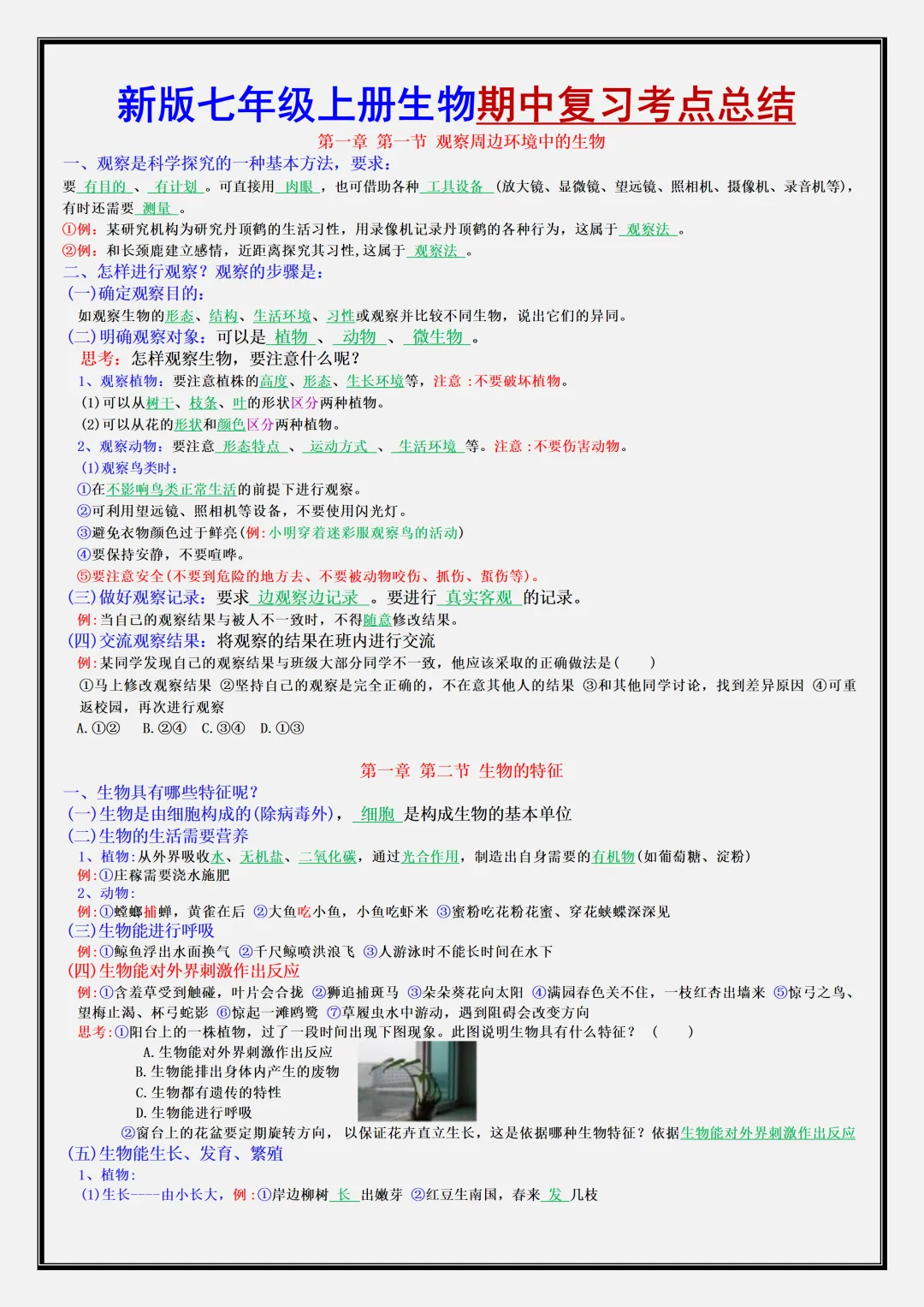 【初一】新版七年级上册生物期中考点知识点梳理汇总,完整版可打印-第1张图片-四季读书网