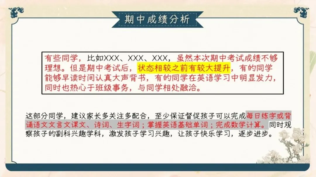 初三期中家长会PPT现成!这份69页《初三已至 同心共赴》,从期中成绩对比、中考倒计时到四大陪伴策略一次讲透,班主任直接拿去用-第27张图片-四季读书网