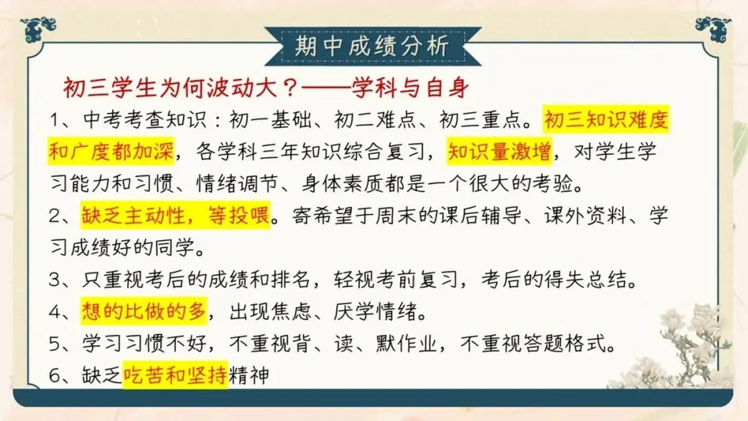 初三期中家长会PPT现成!这份69页《初三已至 同心共赴》,从期中成绩对比、中考倒计时到四大陪伴策略一次讲透,班主任直接拿去用-第29张图片-四季读书网