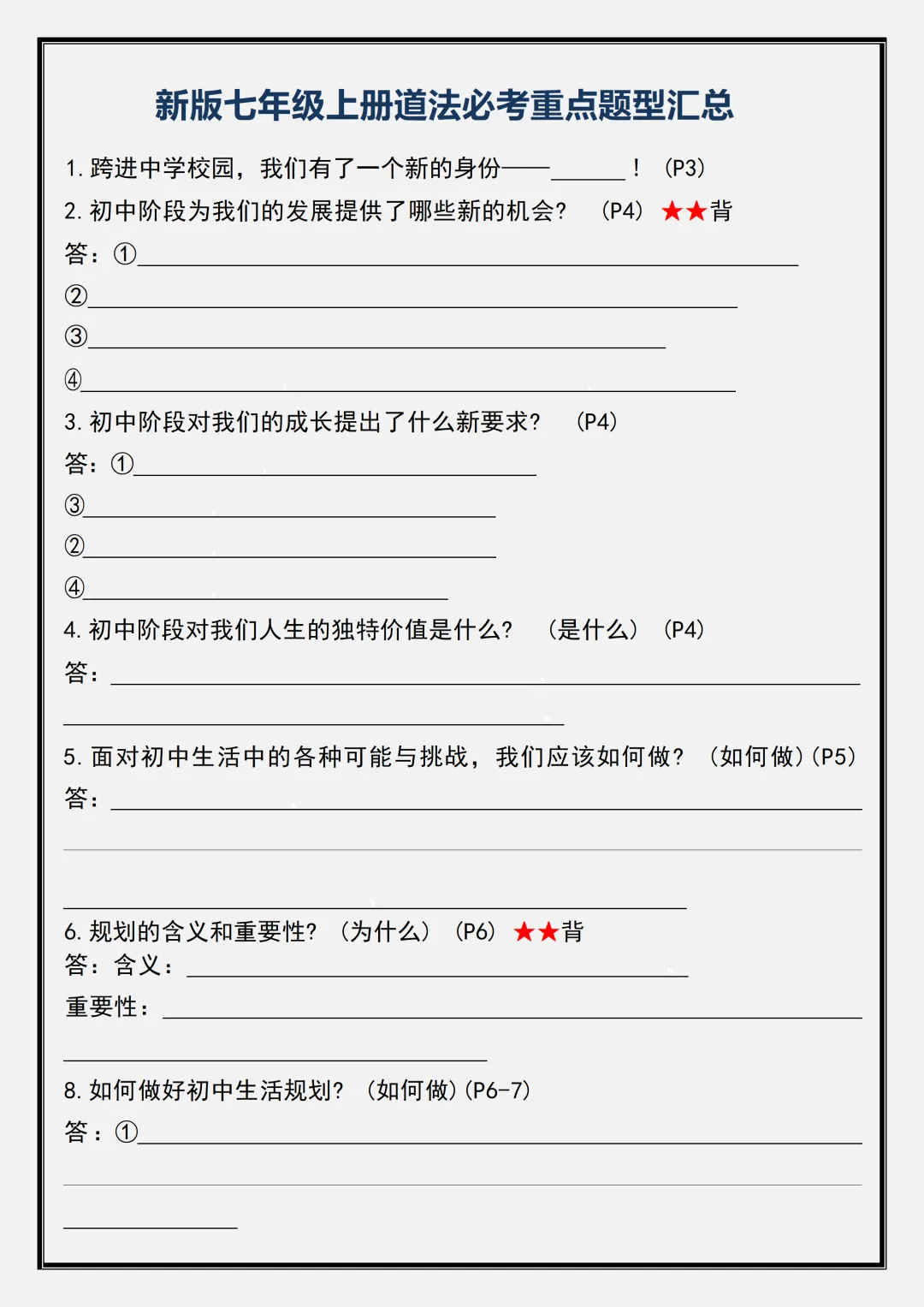【初一】2026新版七年级上册道法必考重点知识点题型汇总 ,完整版可打印-第3张图片-四季读书网