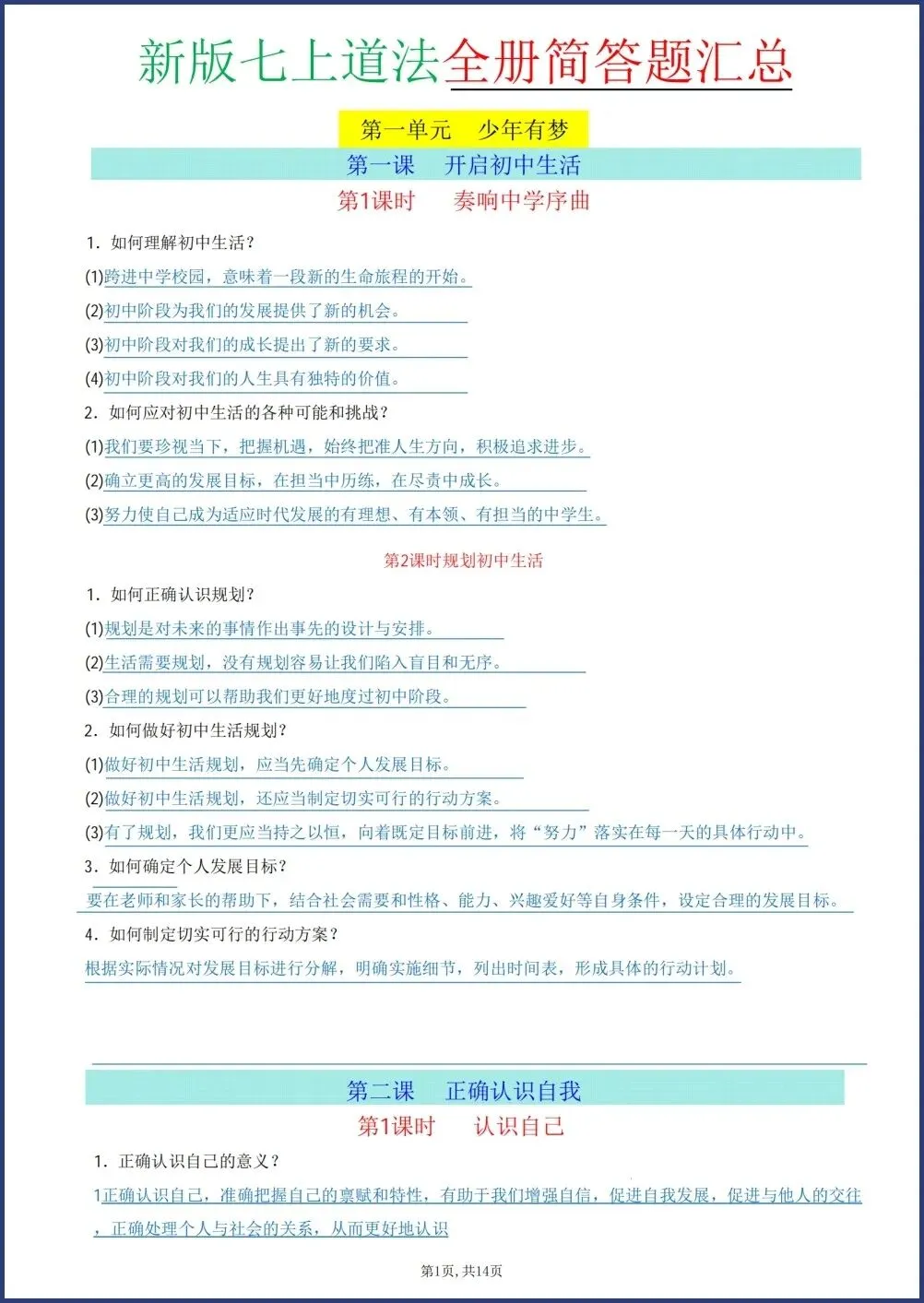 初一新版教材七上道法全册重点简答题梳理背读总结电子打印版!(2026 人教版)-第1张图片-四季读书网