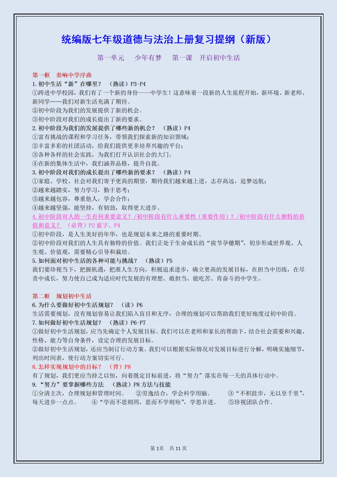 初一 | 新教材七年级上册道德与法治全册必背考点知识点复习提纲,2026完整版可打印-第1张图片-四季读书网 初一 | 新教材七年级上册道德与法治全册必背考点知识点复习提纲,2026完整版可打印-第1张图片-四季读书网