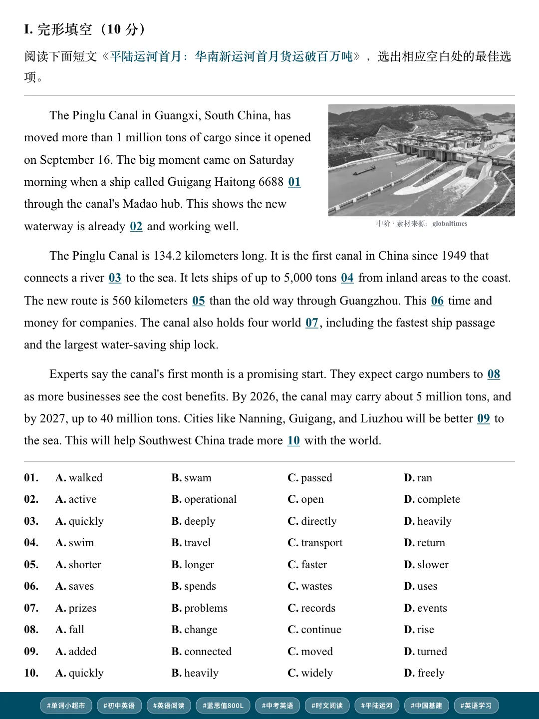60篇时文搞定中考2000个单词·平陆运河首月货运破百万吨,读基建新闻练课标词,顺带突破完形填空-第8张图片-四季读书网 60篇时文搞定中考2000个单词·平陆运河首月货运破百万吨,读基建新闻练课标词,顺带突破完形填空-第8张图片-四季读书网