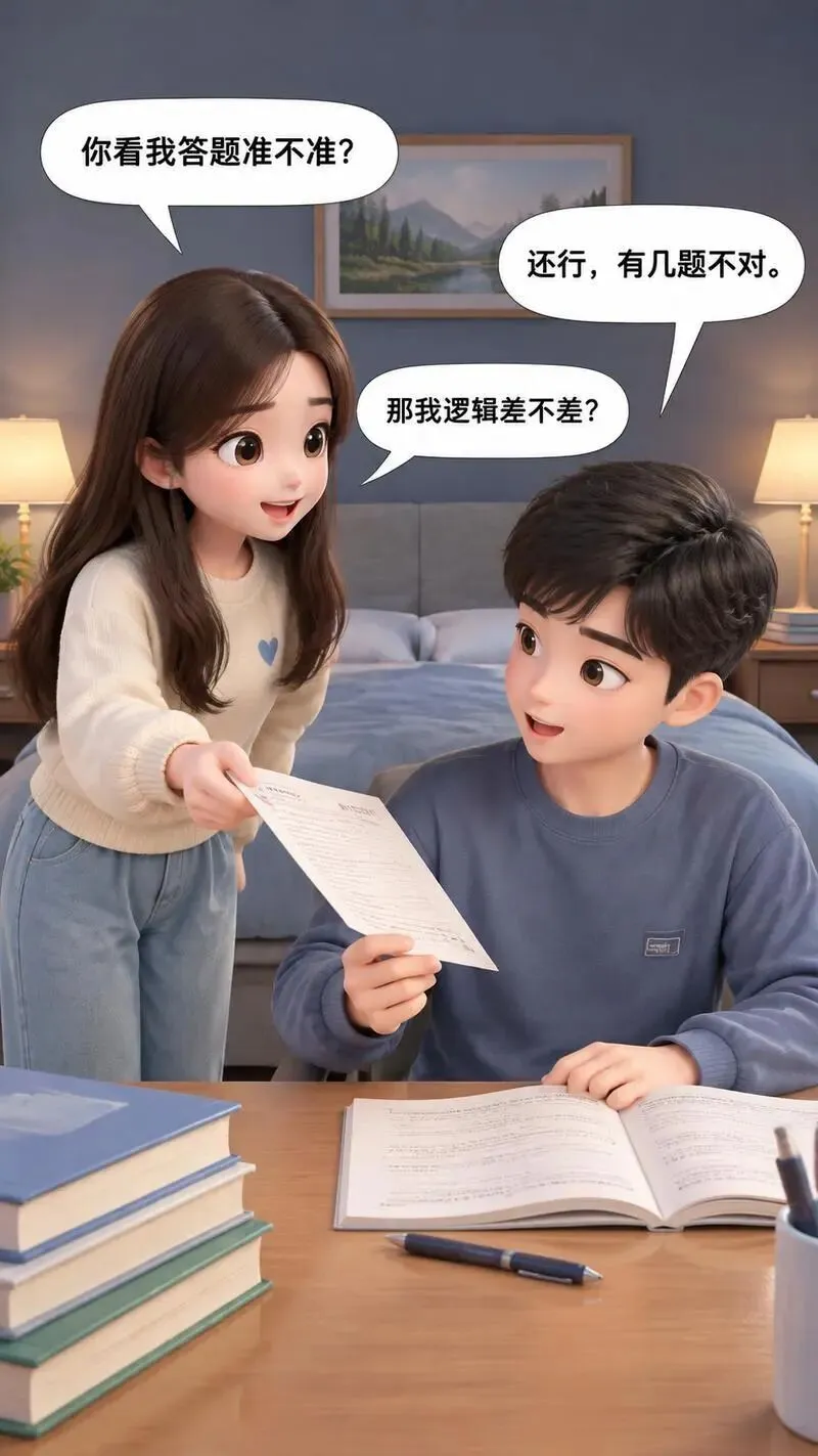 女友拿着试卷走进来.女友“你看我答题准不准?”男友“还行,有几题不对.”女友“那我逻辑差不差?”男友“就是爱绕弯子.-第1张图片-四季读书网