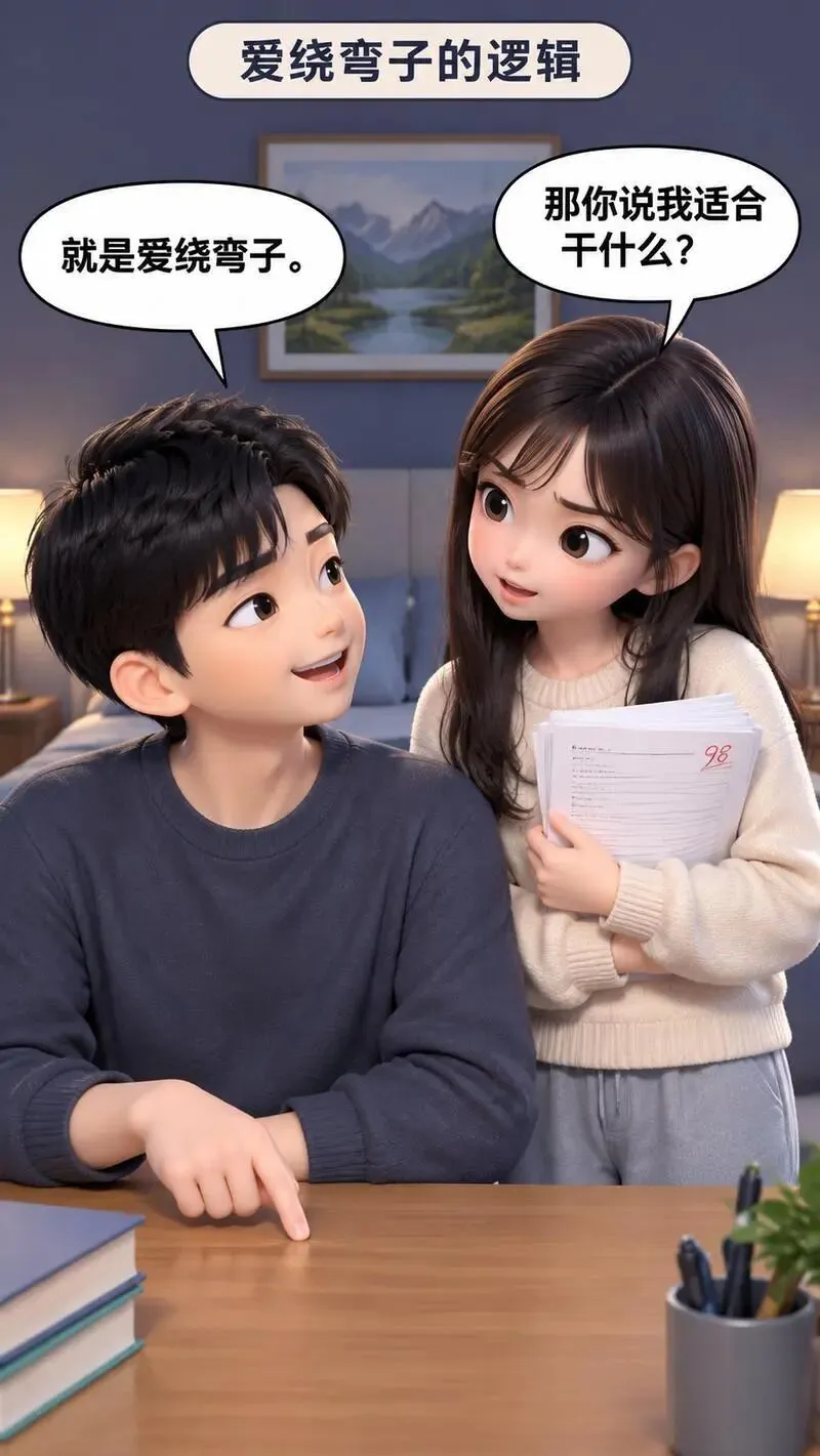 女友拿着试卷走进来.女友“你看我答题准不准?”男友“还行,有几题不对.”女友“那我逻辑差不差?”男友“就是爱绕弯子.-第2张图片-四季读书网