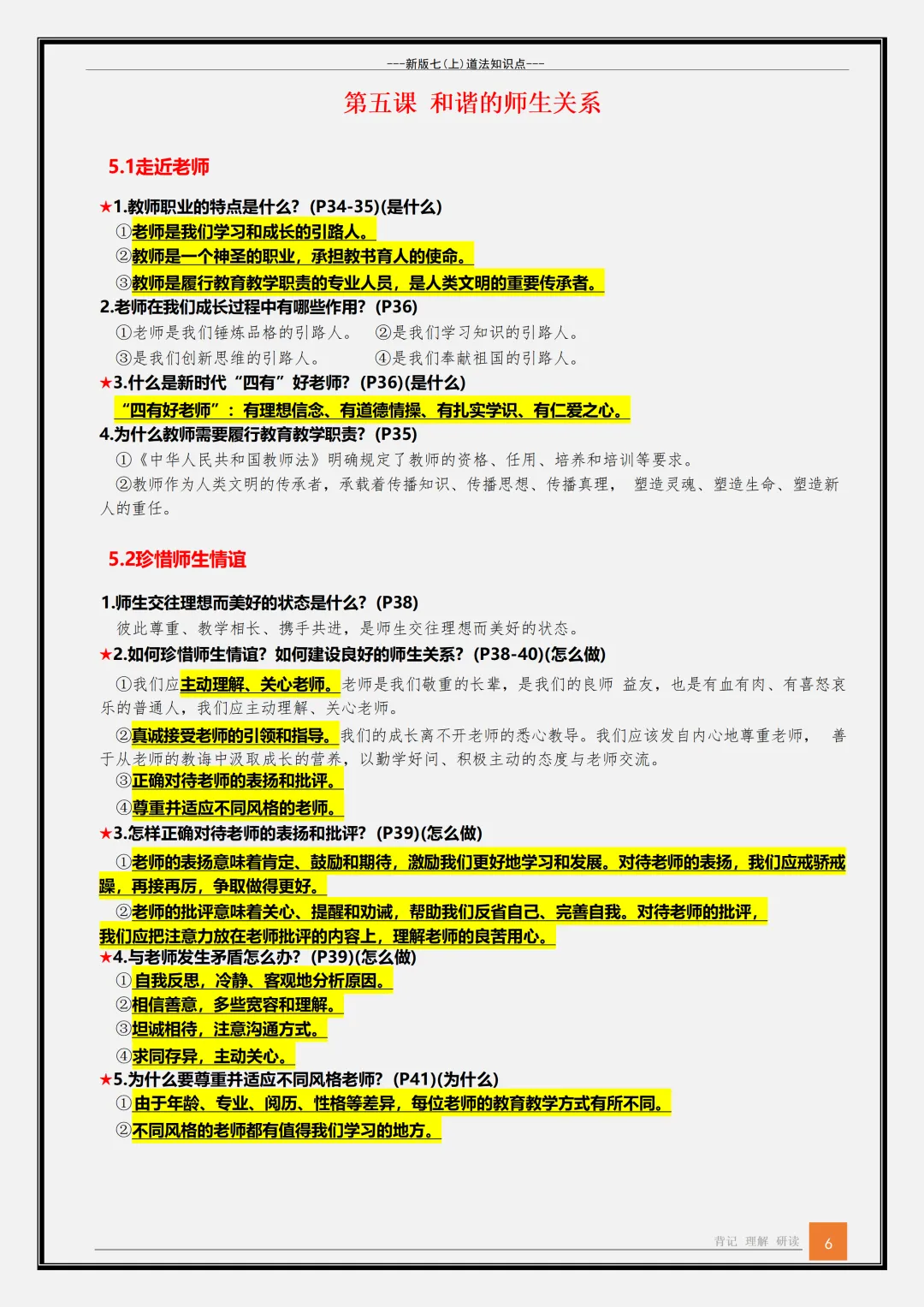 【初一】2026新版七年级上册道德与法治全册必背重点知识清单,完整版可打印-第8张图片-四季读书网