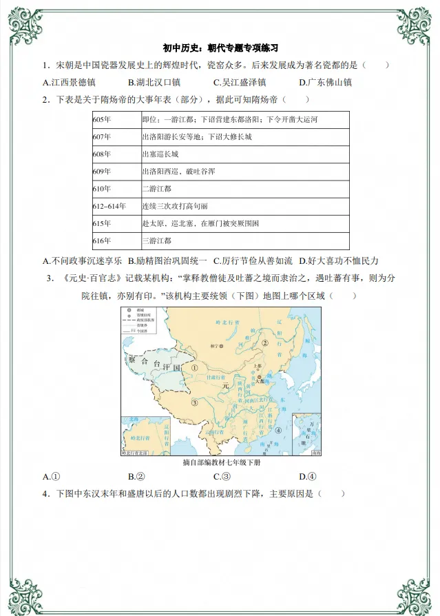 初二|八年级上册历史《常考知识点:朝代专题专项练习题》,共16页含答案,可打印练习-第1张图片-四季读书网