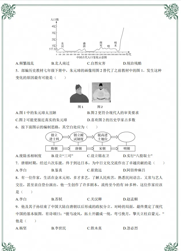 初二|八年级上册历史《常考知识点:朝代专题专项练习题》,共16页含答案,可打印练习-第3张图片-四季读书网
