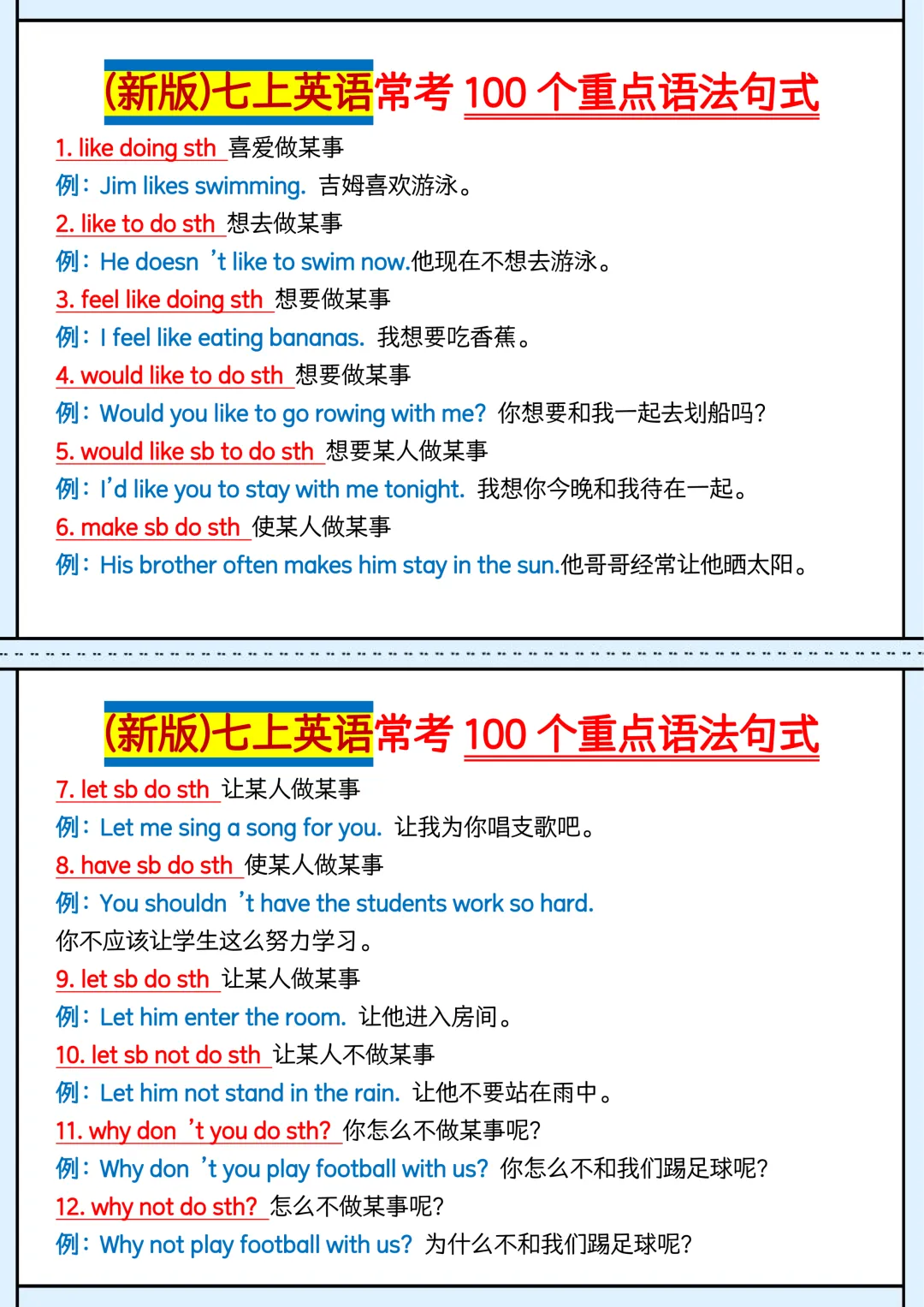 初一 | 新教材七年级上册英语常考100个重点语法句式,2026完整版可打印-第1张图片-四季读书网 初一 | 新教材七年级上册英语常考100个重点语法句式,2026完整版可打印-第1张图片-四季读书网