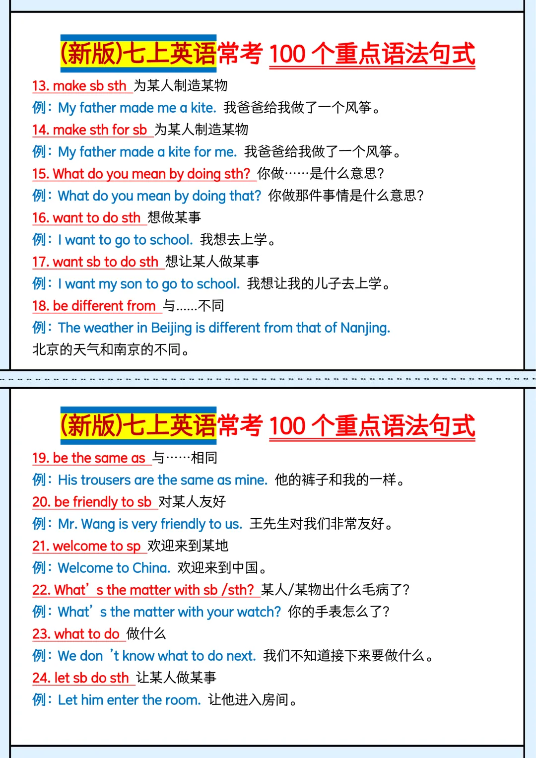 初一 | 新教材七年级上册英语常考100个重点语法句式,2026完整版可打印-第2张图片-四季读书网 初一 | 新教材七年级上册英语常考100个重点语法句式,2026完整版可打印-第2张图片-四季读书网