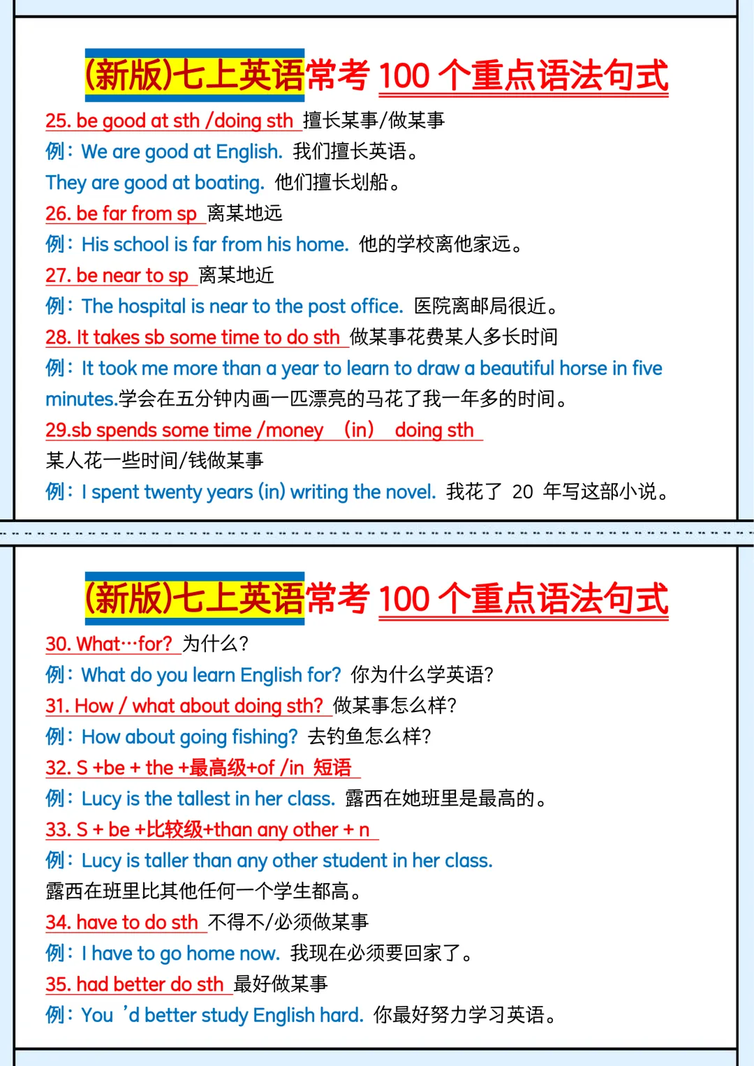 初一 | 新教材七年级上册英语常考100个重点语法句式,2026完整版可打印-第3张图片-四季读书网 初一 | 新教材七年级上册英语常考100个重点语法句式,2026完整版可打印-第3张图片-四季读书网