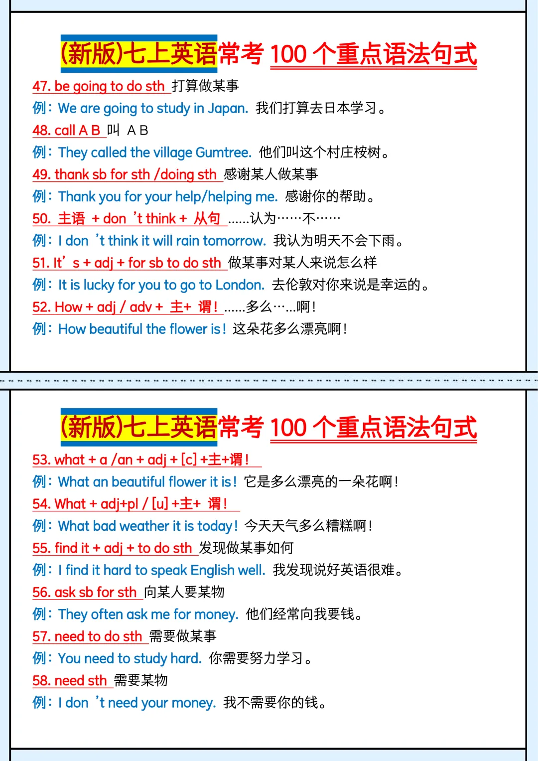初一 | 新教材七年级上册英语常考100个重点语法句式,2026完整版可打印-第5张图片-四季读书网 初一 | 新教材七年级上册英语常考100个重点语法句式,2026完整版可打印-第5张图片-四季读书网