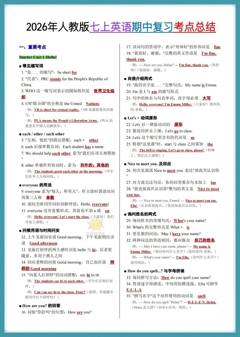 初一2026年人教版七年级上册 英语期中复习 《考点知识点》梳理总结(背诵+默写版)!-第3张图片-四季读书网