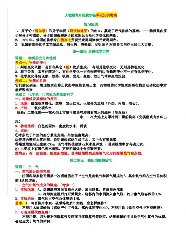 初三-九年级上册化学《人教版方程式及现象、各单元知识点考点》,可打印练习-第4张图片-四季读书网