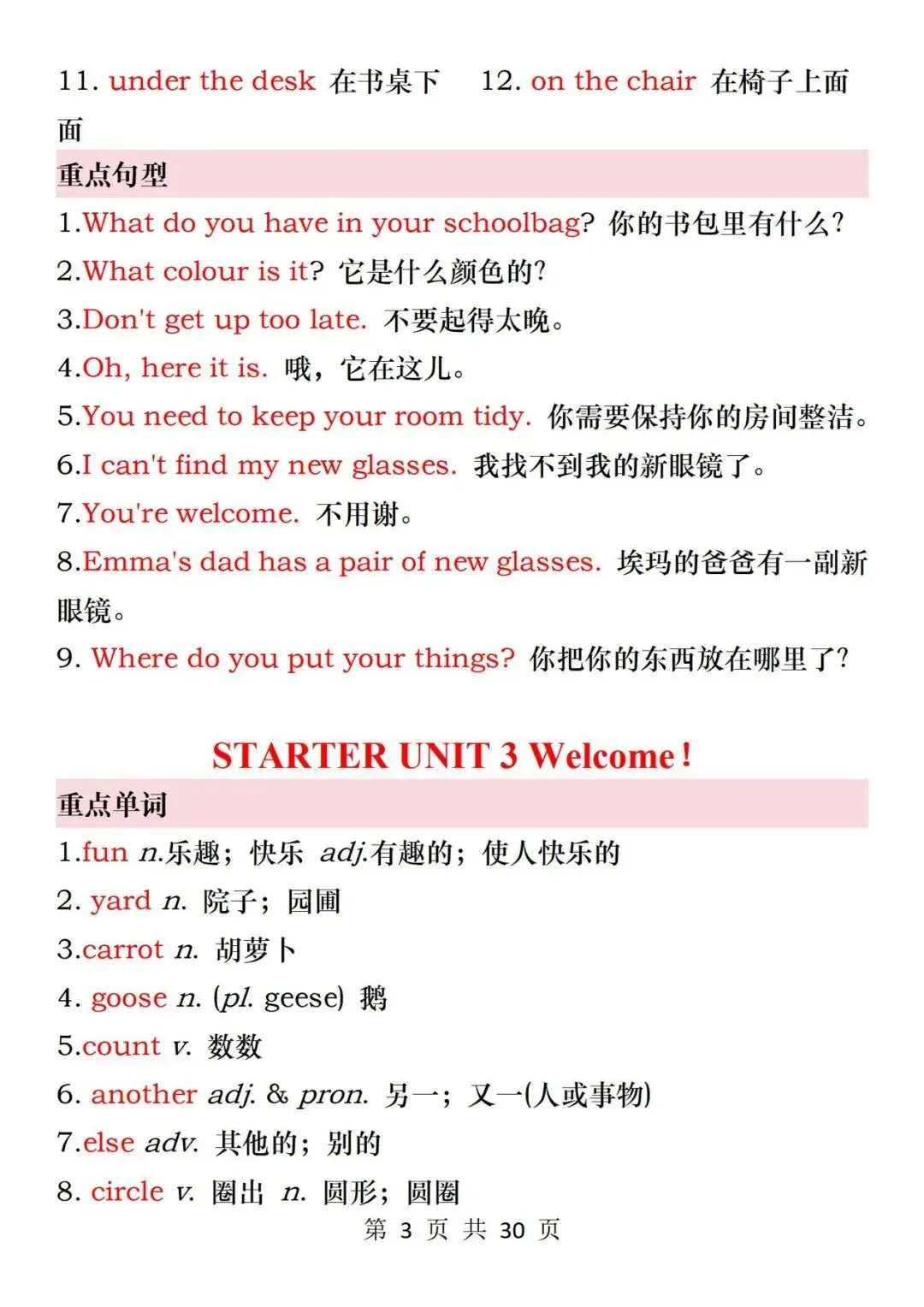 PDF 可打印 | 七上英语期中考知识点汇总必背清单,2026秋-第4张图片-四季读书网