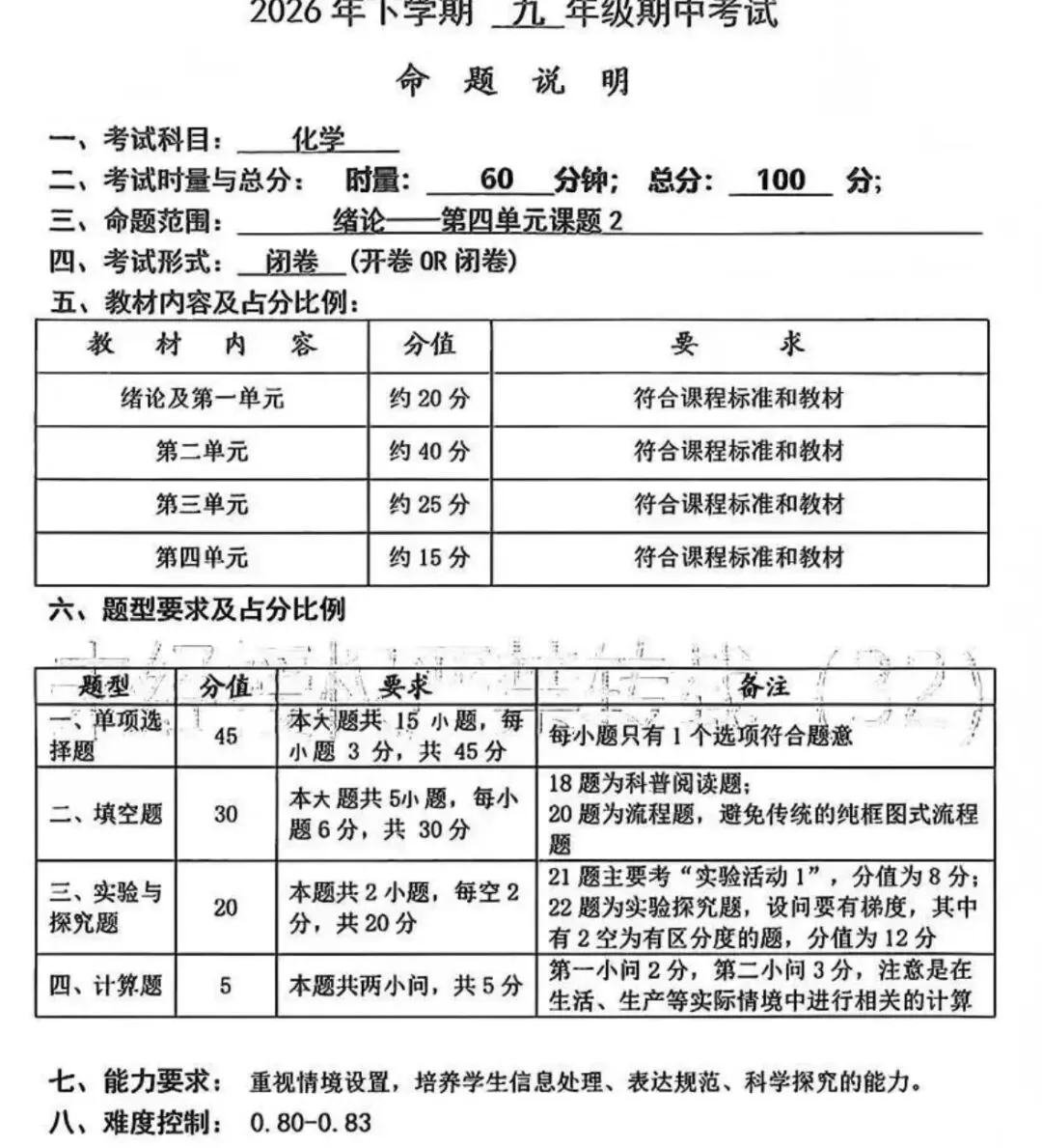 速看!2026年长郡初一到初三期中命题说明来了-第11张图片-四季读书网