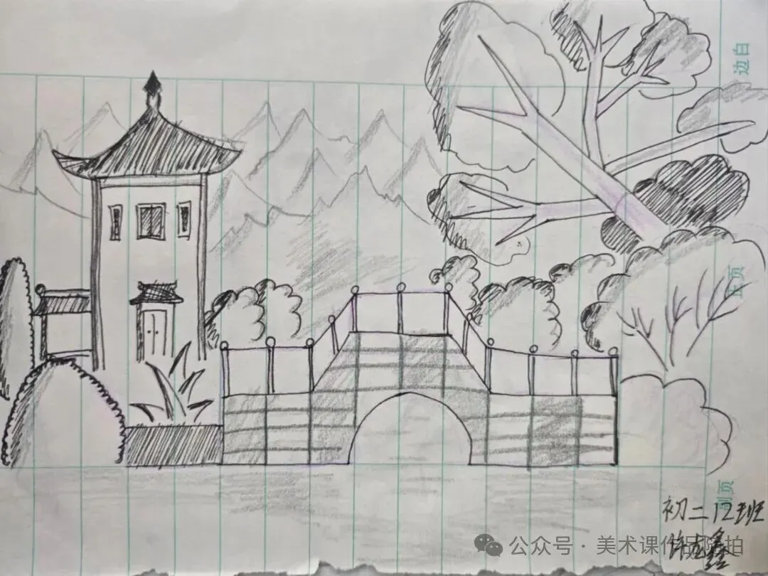初二12班美术课堂作品《古典园林》-第9张图片-四季读书网