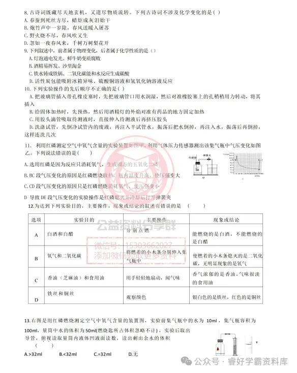 【初三/八上】2026年群力经纬中学八年级上化学10月月考试卷及答案-第4张图片-四季读书网 【初三/八上】2026年群力经纬中学八年级上化学10月月考试卷及答案-第4张图片-四季读书网