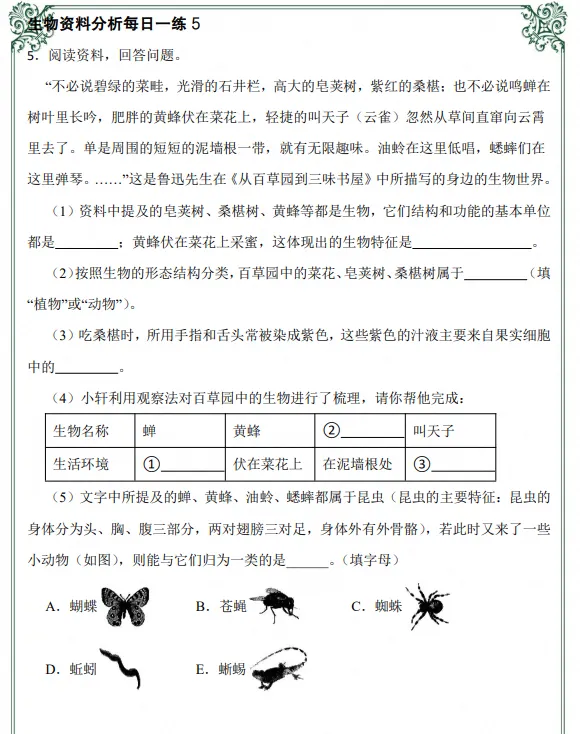 初一|七年级上册生物《全册知识点资料分析每日一练》,共54页含答案,可打印练习-第2张图片-四季读书网