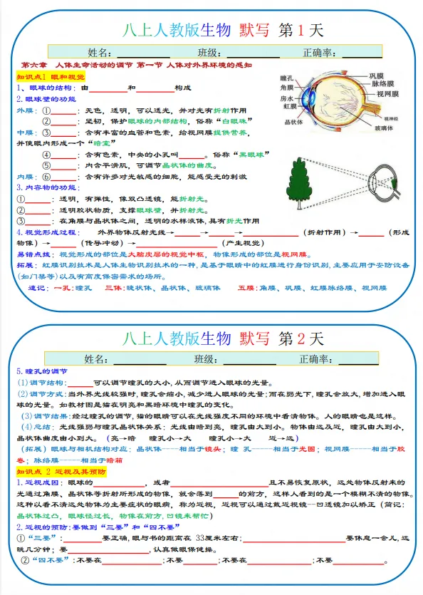 初二|八年级上册生物《人教版生物知识点默写+背诵》,共38页,可打印练习-第1张图片-四季读书网