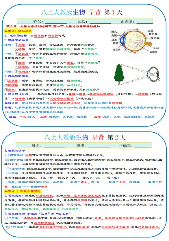初二|八年级上册生物《人教版生物知识点默写+背诵》,共38页,可打印练习-第4张图片-四季读书网