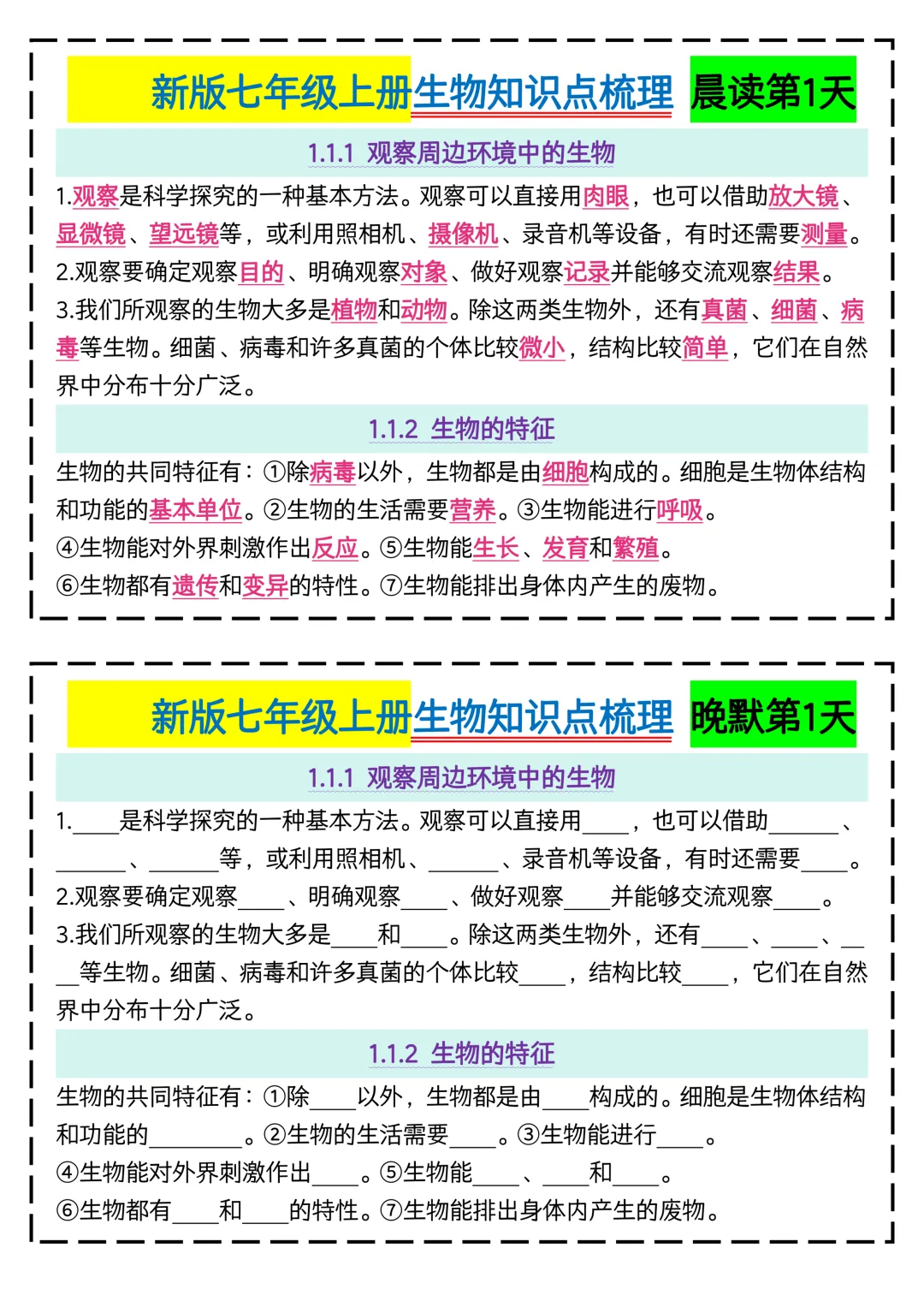 初一2026新版【七上生物】全册核心知识点早背晚默,完整版可打印-第3张图片-四季读书网